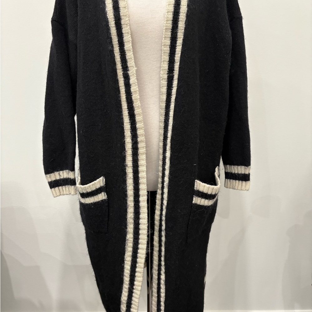 Italian Black Long Cardigan with Cream Trim — One Size